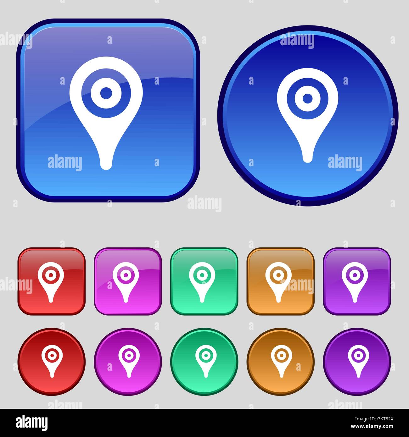 Map pointer, GPS location icon sign. A set of twelve vintage buttons ...