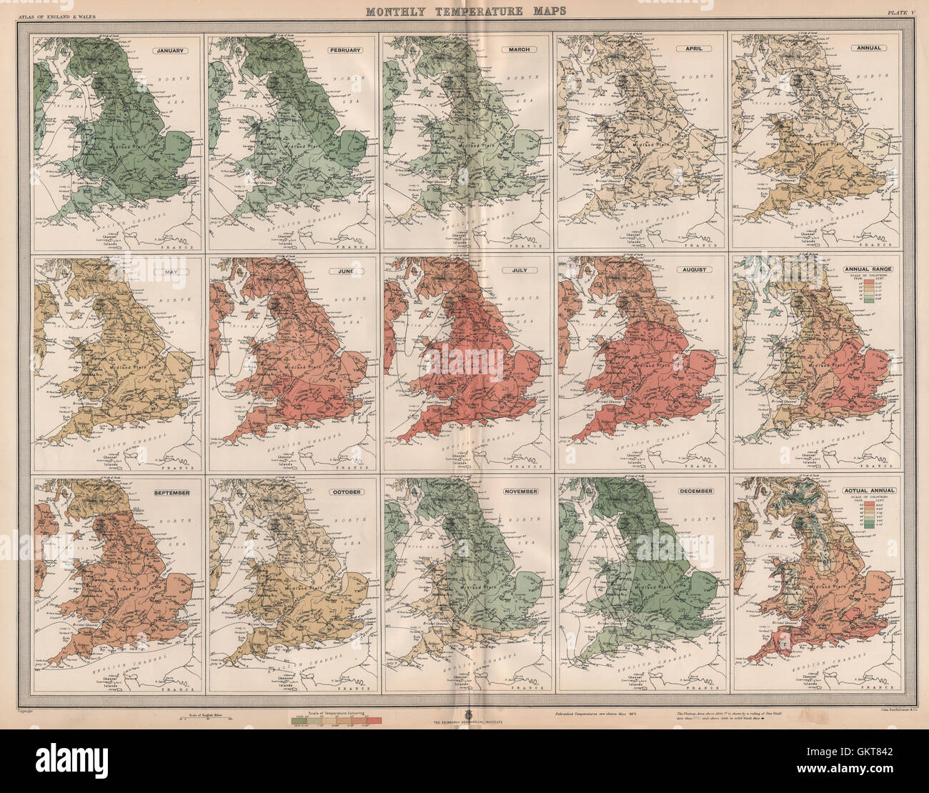 GREAT BRITAIN. England and Wales. Monthly & annual Temperatures. LARGE, 1903 map Stock Photo