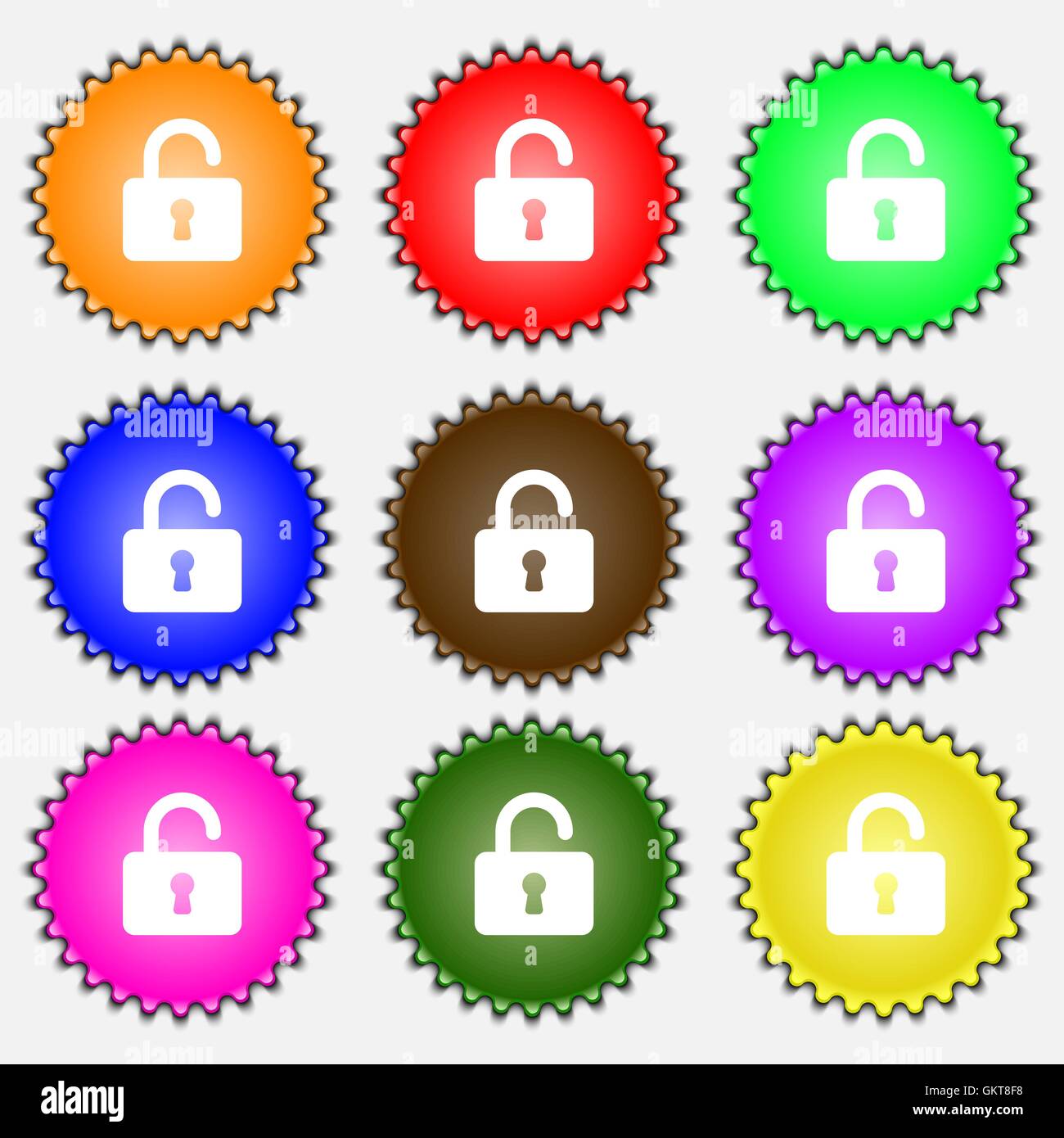 Open Padlock icon sign. A set of nine different colored labels. Vector ...