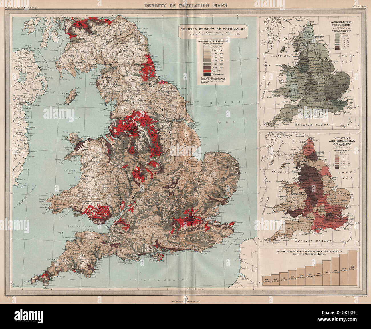 ENGLAND & WALES. Population density. Agricultural Industrial. LARGE, 1903 map Stock Photo