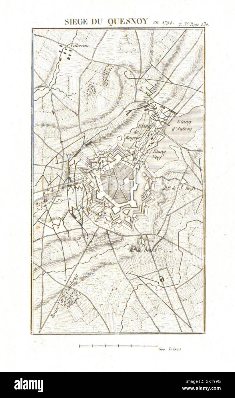 Siege of Le Quesnoy in 1794 (1793?). War of the First Coalition. Nord, 1817 map Stock Photo