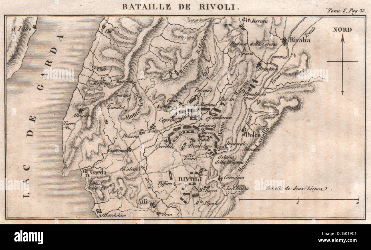 Battle of Rivoli Veronese 1797. Lago di Garda. Lake Garda. Italy, 1818 old map Stock Photo