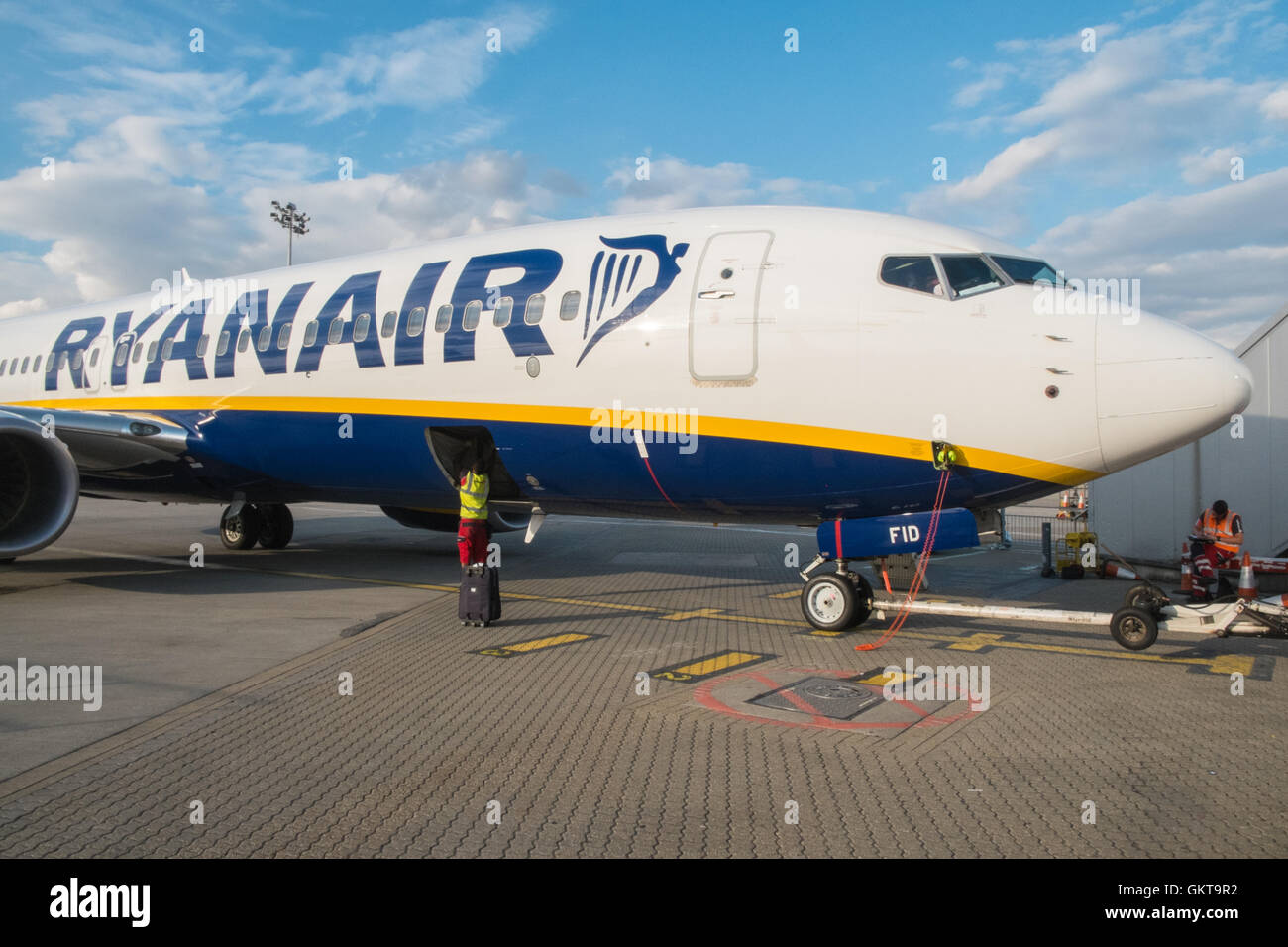Ryanair plane at Stansted Airport. Blue sky, August.Summer. London,England. Stock Photo