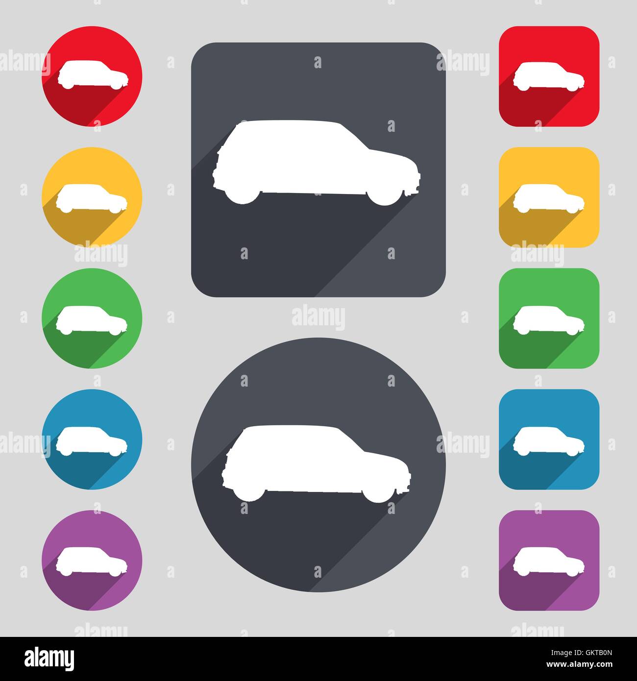 Jeep icon sign. A set of 12 colored buttons and a long shadow. Flat ...