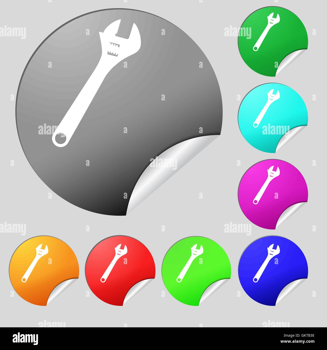 wrench icon sign. Set of eight multi colored round buttons, stickers. Vector Stock Vector