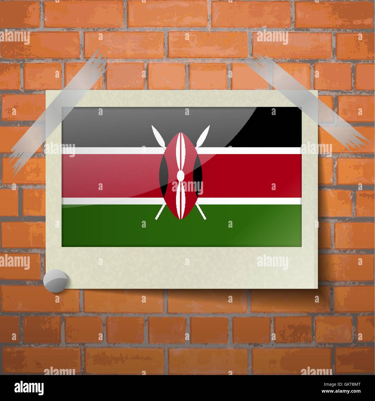 Flags Kenya scotch taped to a red brick wall Stock Vector