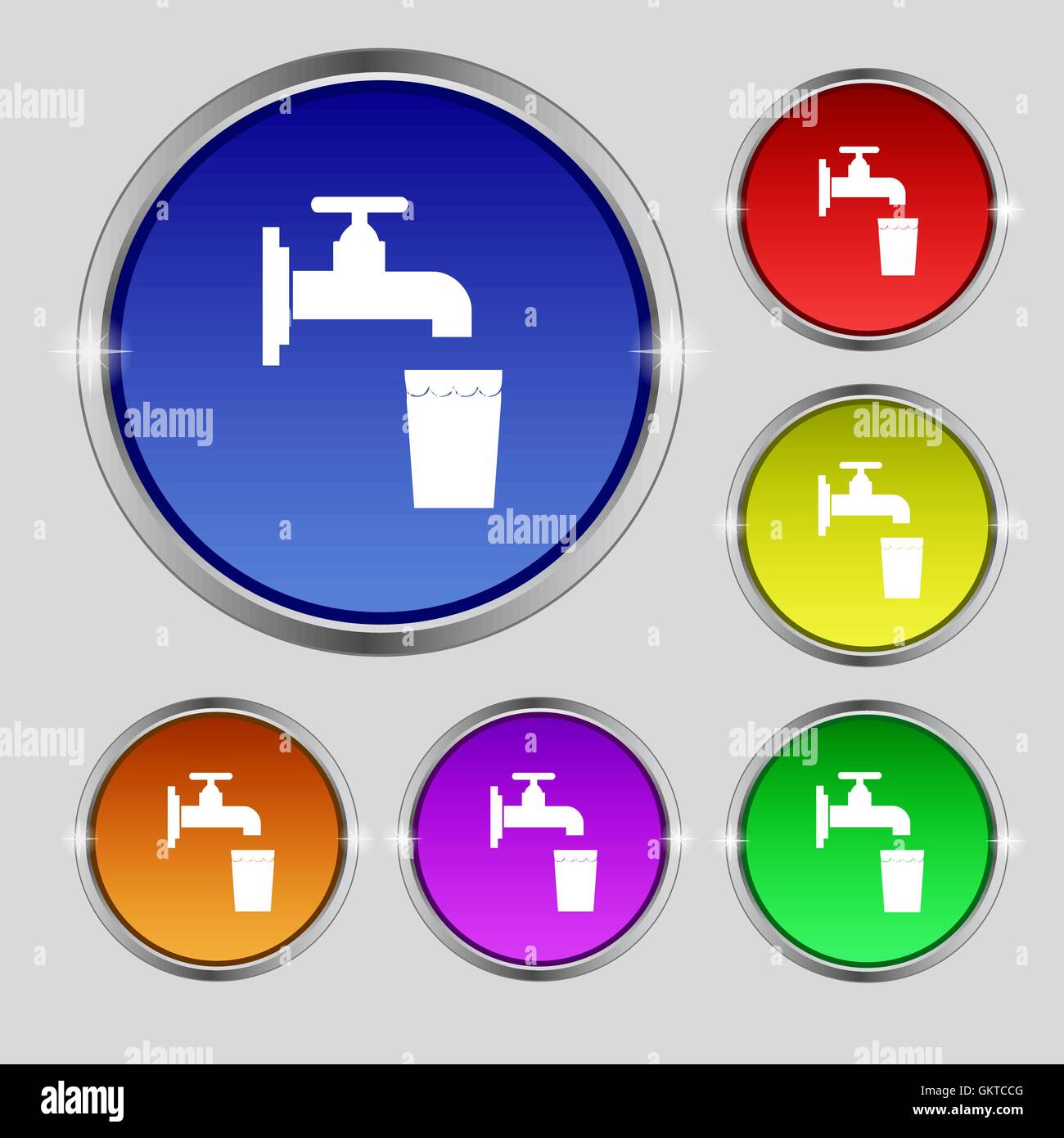 faucet, glass, water icon sign. Round symbol on bright colourful ...