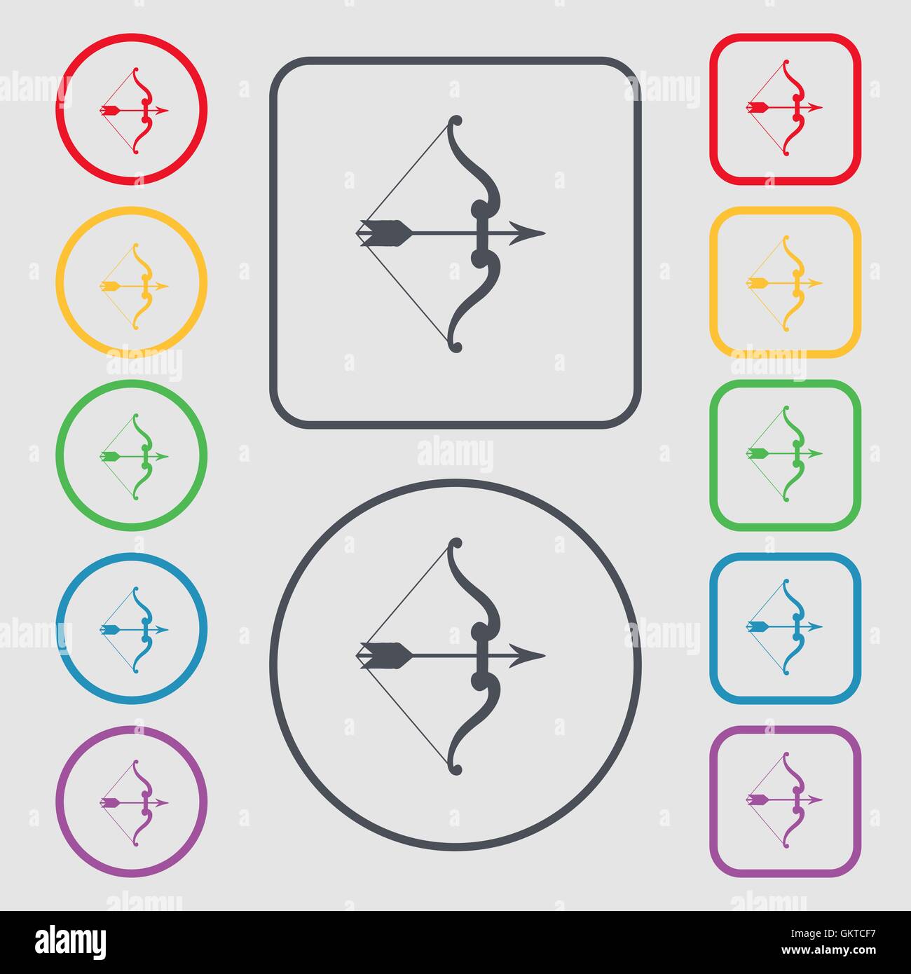 bow and arrow icon sign. symbol on the Round and square buttons with ...