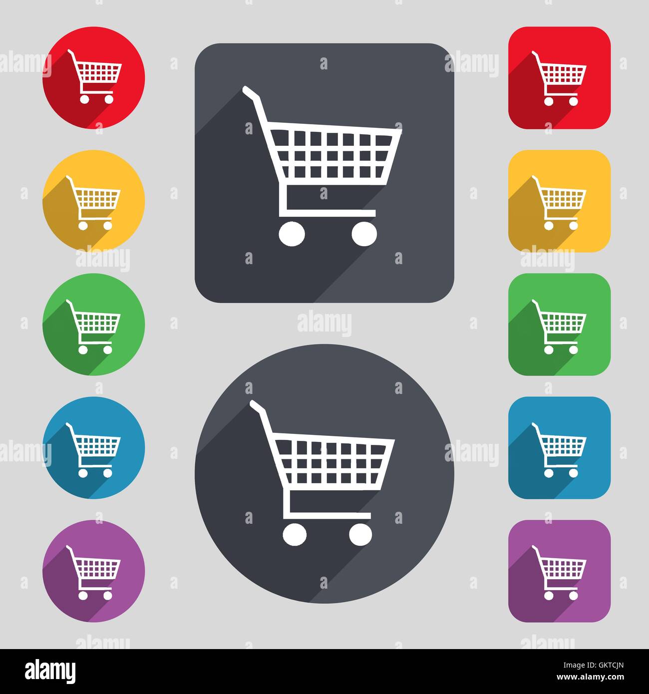 shopping cart icon sign. A set of 12 colored buttons and a long shadow ...