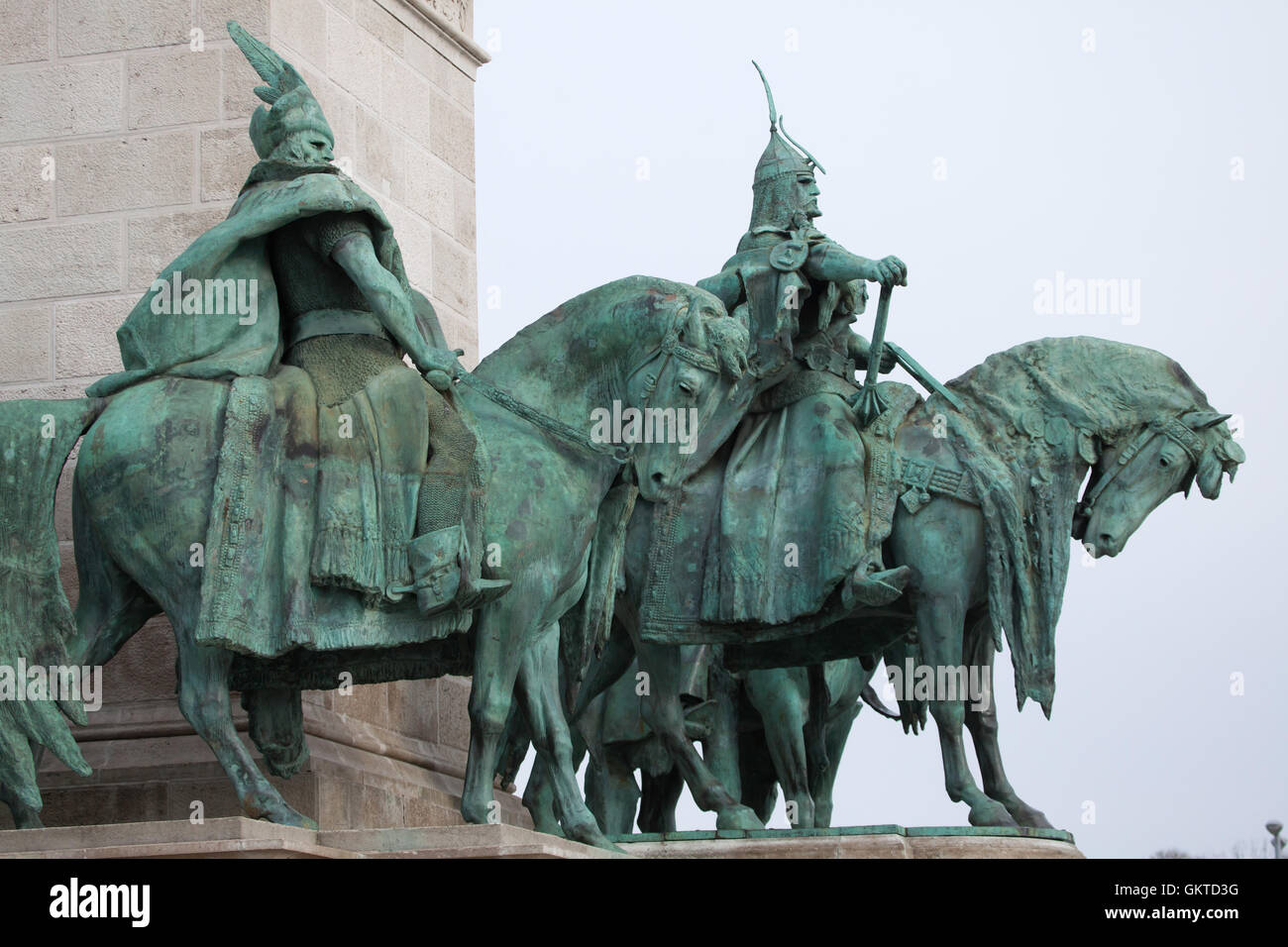 Seven Chieftains of the Magyars leading by Prince Arpad (R). Statues by Hungarian sculptor Gyorgy Zala on the Millennium Monument in the Heroes Square in Budapest, Hungary. Stock Photo