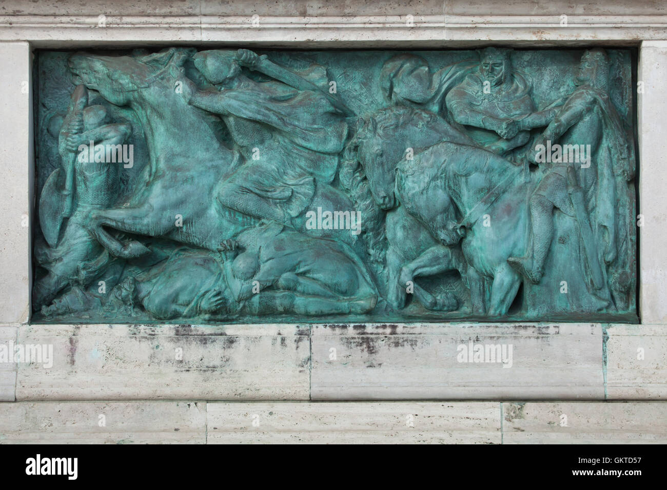 King Ladislaus IV of Hungary defeats King Ottokar II of Bohemia at the Battle on the Marchfeld on 26 August 1278. Bronze relief by Hungarian sculptor Gyorgy Zala on the Millennium Monument in the Heroes Square in Budapest, Hungary. Stock Photo