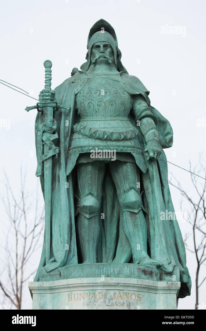 Hungarian military leader John Hunyadi. Statue by Hungarian sculptor Gyorgy Zala on the Millennium Monument in the Heroes Square in Budapest, Hungary. Stock Photo