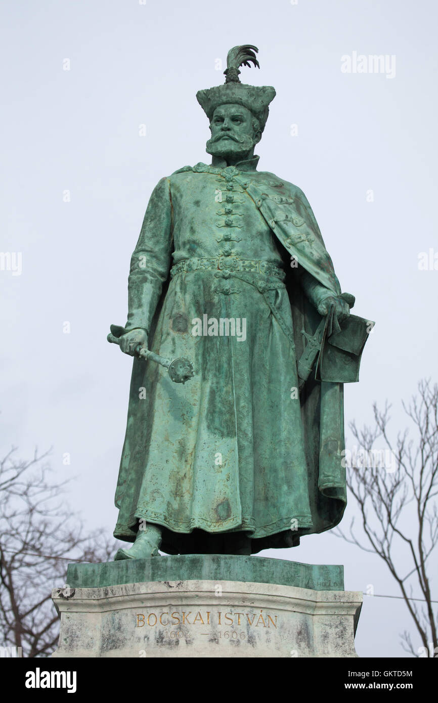 Prince Istvan Bocskai of Transylvania. Statue by Hungarian sculptor Barnabas Hollo on the Millennium Monument in the Heroes Square in Budapest, Hungary. Stock Photo