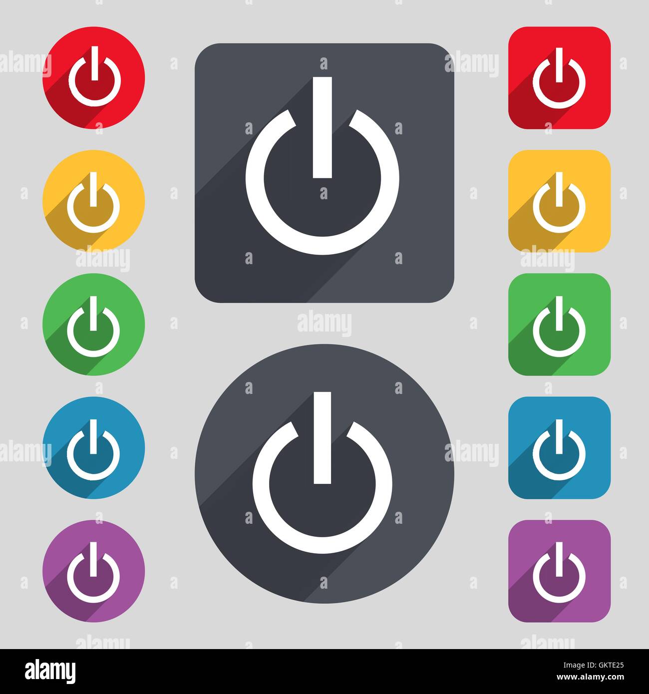 Power icon sign. A set of 12 colored buttons and a long shadow. Flat ...