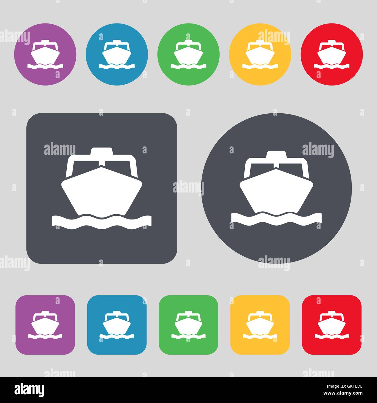 the boat icon sign. A set of 12 colored buttons. Flat design. Vector Stock Vector