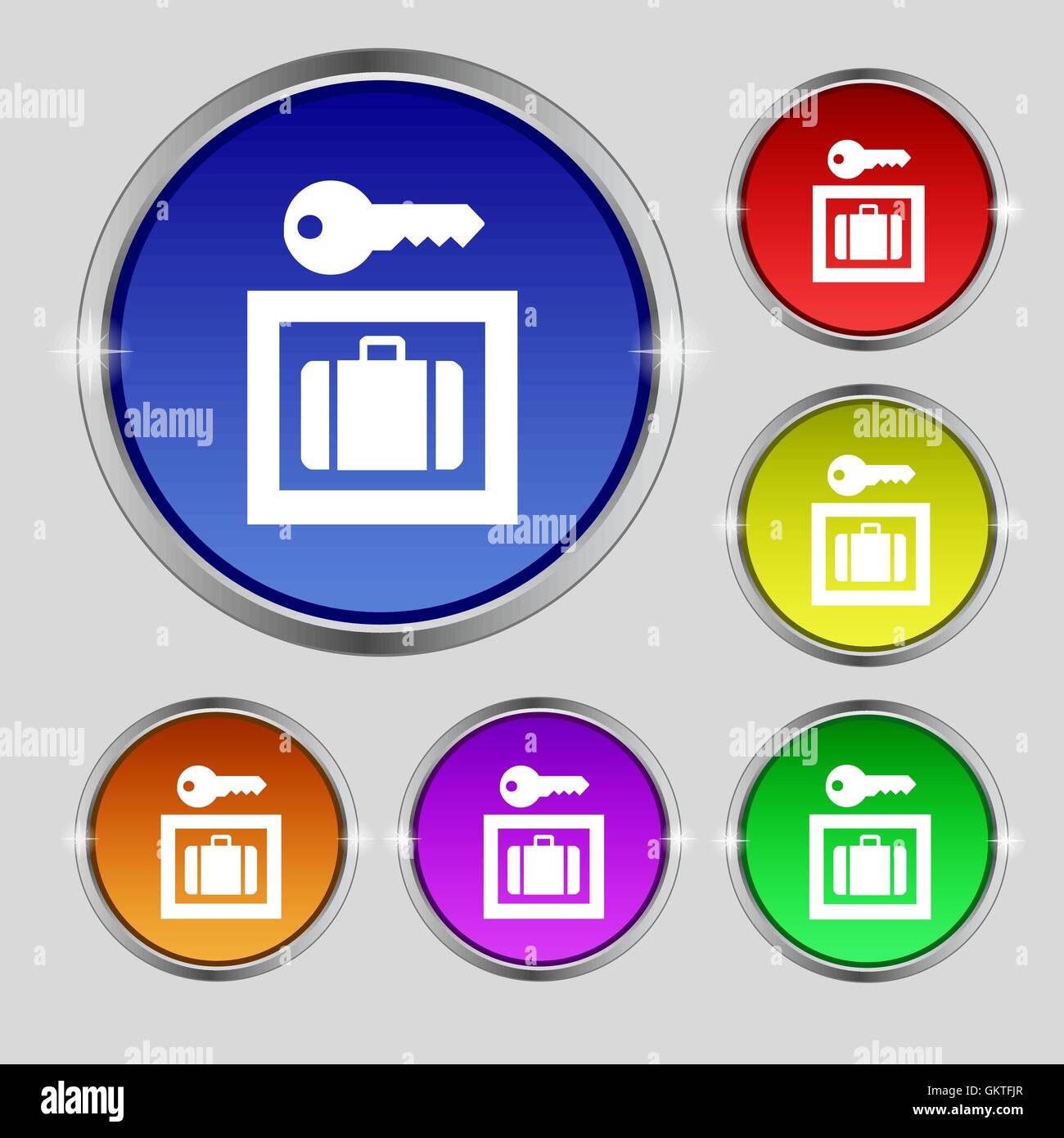 Luggage Storage icon sign. Round symbol on bright colourful buttons ...