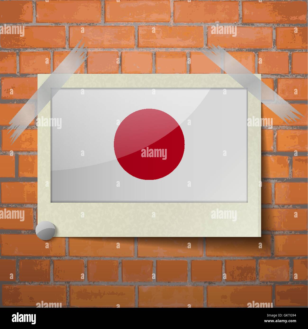 Flags Japan scotch taped to a red brick wall Stock Vector