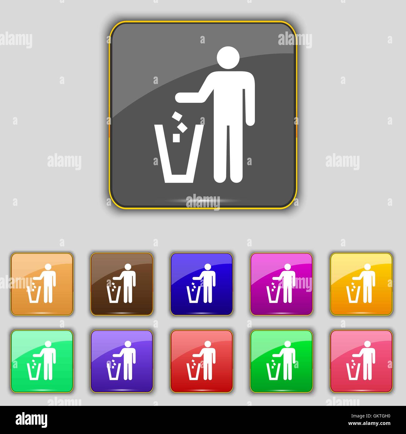 throw away the trash icon sign. Set with eleven colored buttons for