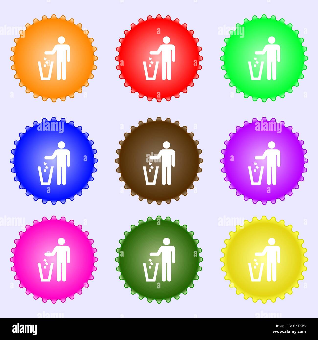 throw away the trash icon sign. A set of nine different colored labels