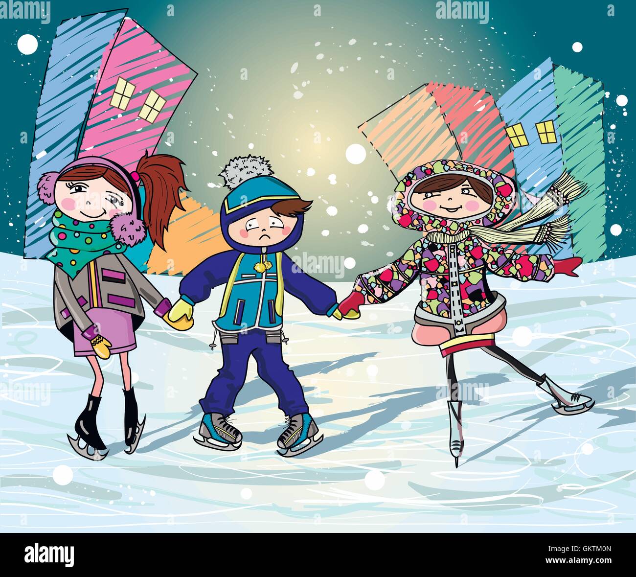 День рождения на катке. Дети катаются на коньках. Каток иллюстрация. Три девочки на катке. Дети катаются на льду.