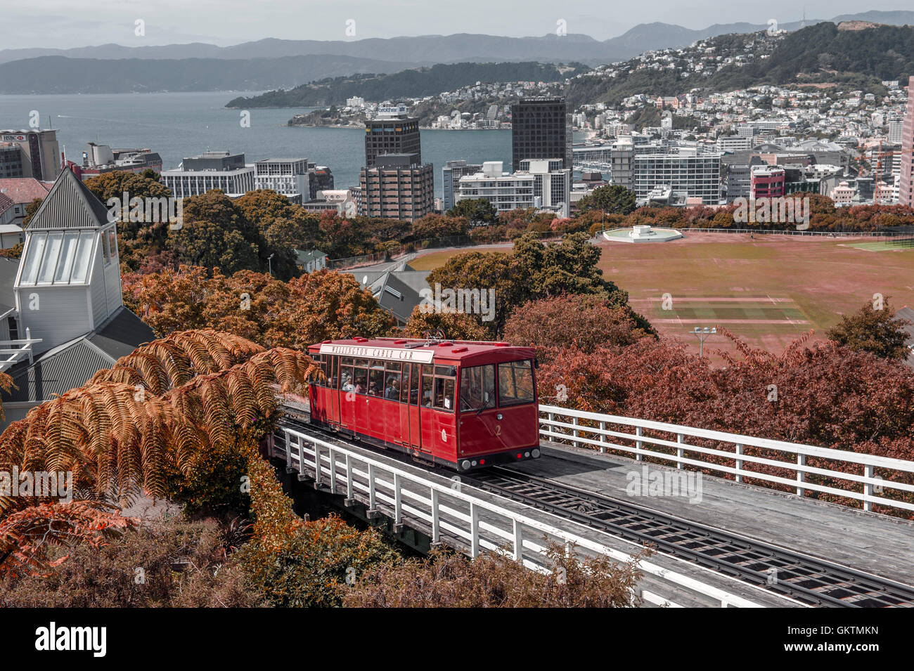 The Wellington Cable Car, a funicular railway in Wellington, New Zealand, retouched as old postcard style Stock Photo