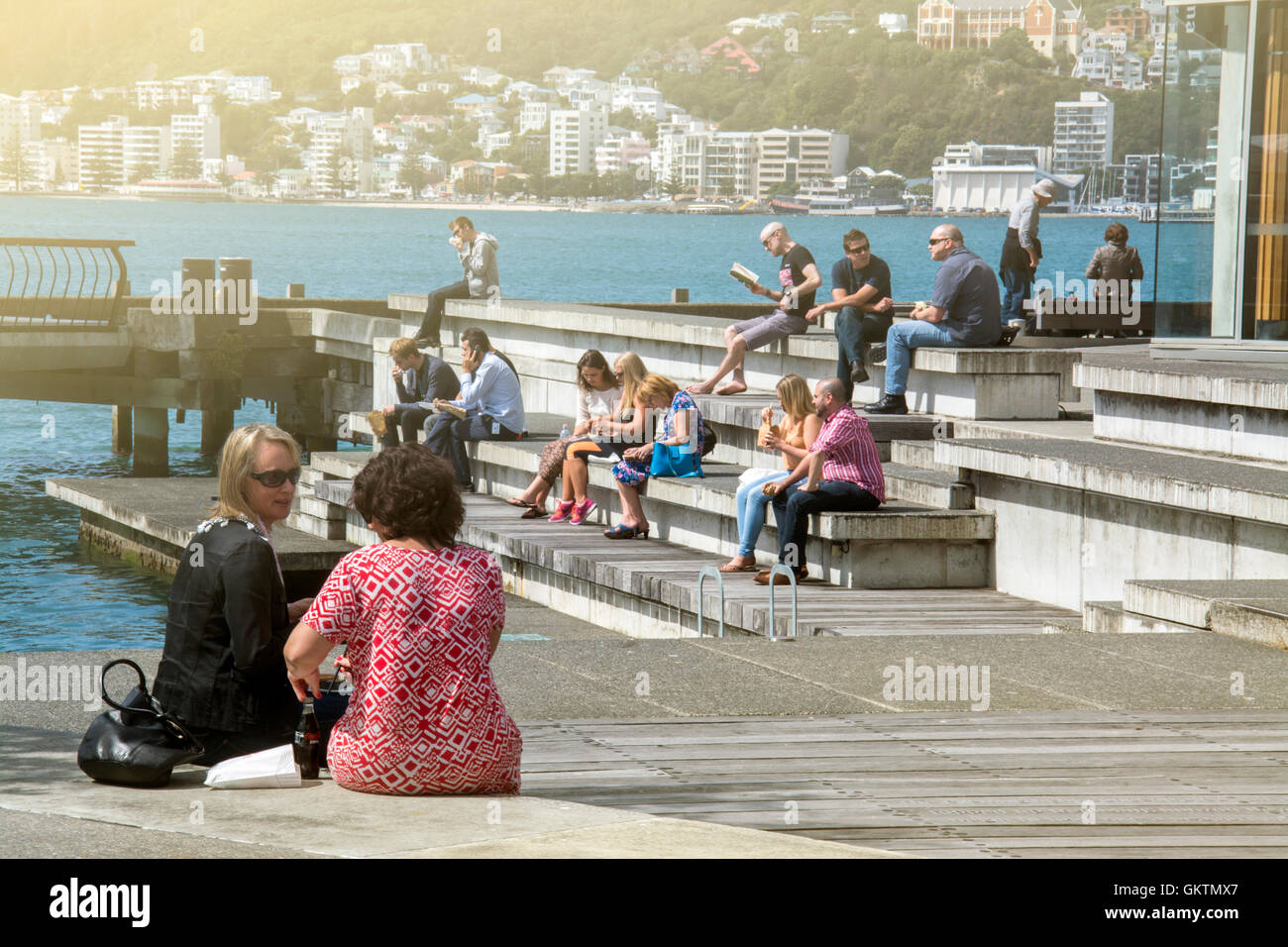 Wellington, New Zealand - March 3, 2016: People at Wellington waterfront, north island of New Zealand Stock Photo