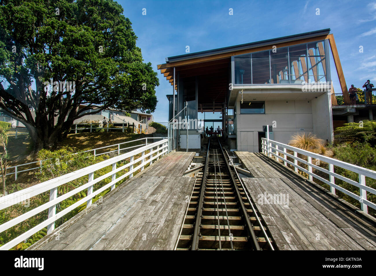 Wellington, New Zealand - March 3, 2016: View up track from Wellington Cable Car to Kelburn terminus Stock Photo