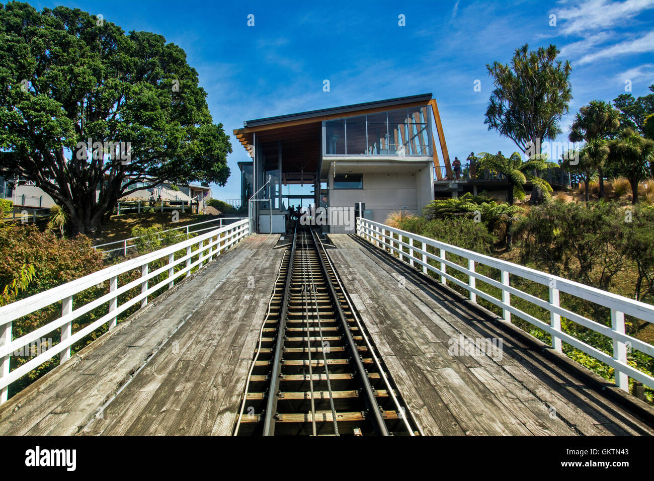 Wellington, New Zealand - March 3, 2016: View up track from Wellington Cable Car to Kelburn terminus Stock Photo