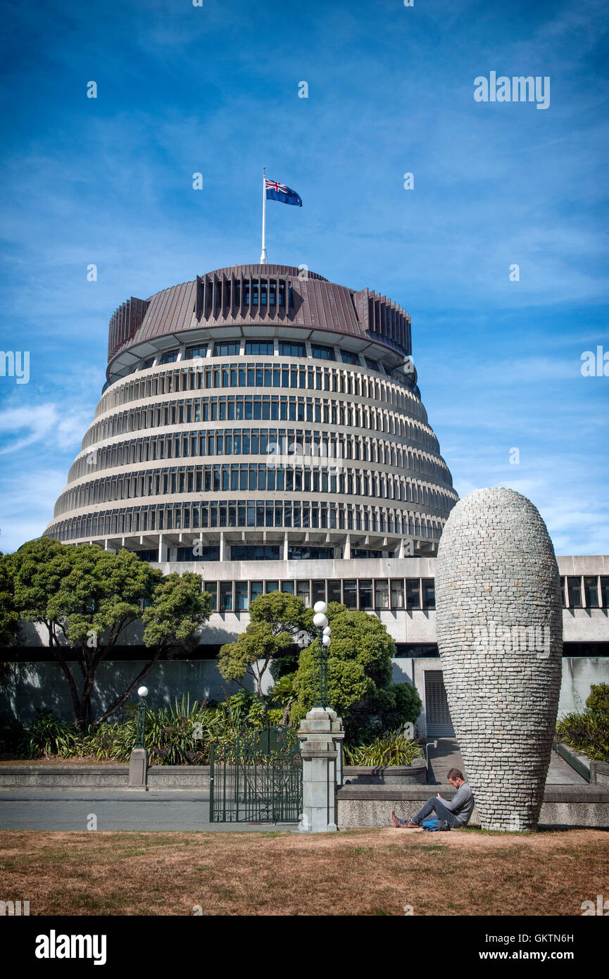 Wellington, New Zealand - March 3, 2016: The Beehive is the common name for the Executive Wing of the New Zealand Parliament Bui Stock Photo