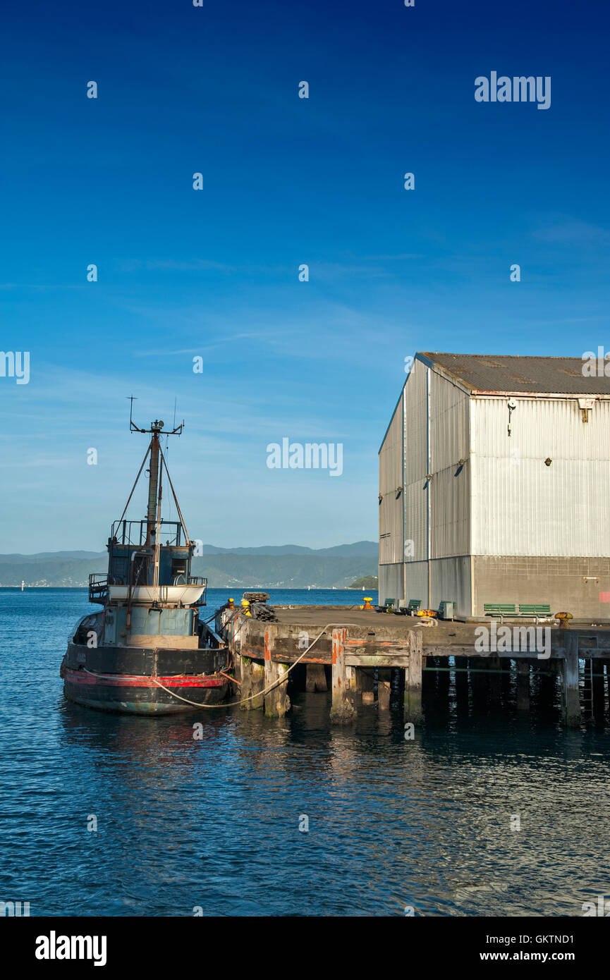 Wellington, New Zealand - March 3, 2016: Boat docking at Wellington waterfront, north island of New Zealand Stock Photo