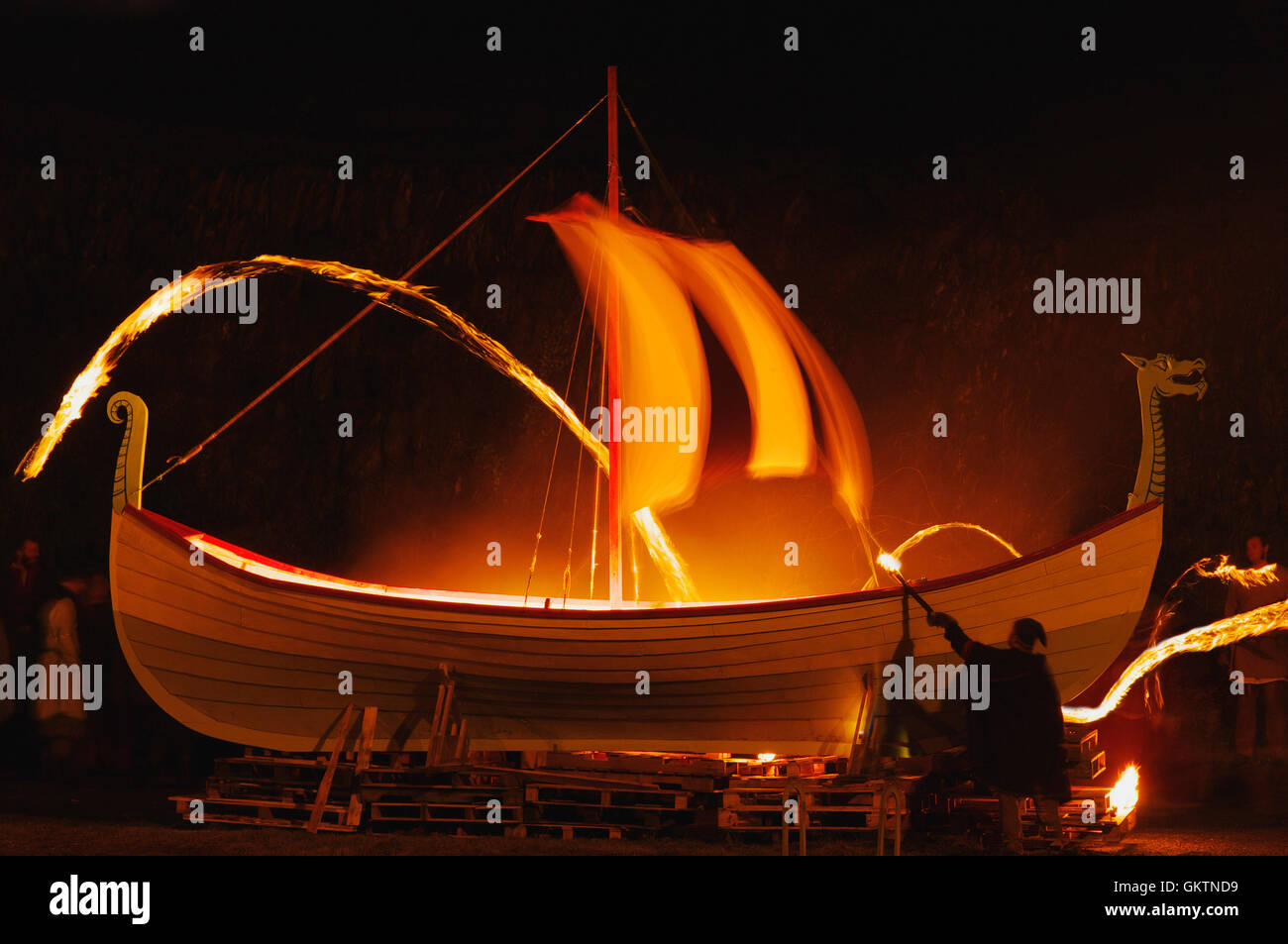Boat Burning at Amlwch Viking Festival Stock Photo