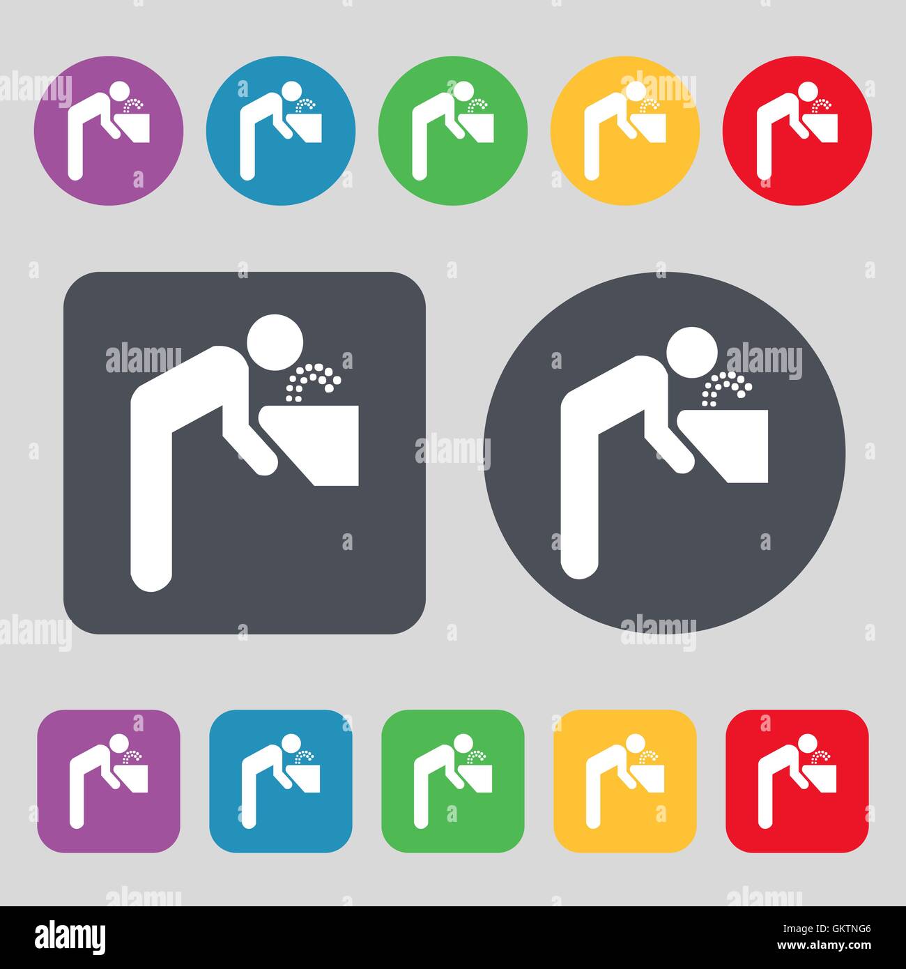 drinking fountain icon sign. A set of 12 colored buttons. Flat design ...