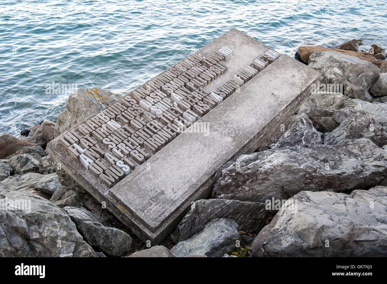 Wellington, New Zealand - March 3, 2016: Text sculpture along Wellington waterfront, north island of New Zealand Stock Photo