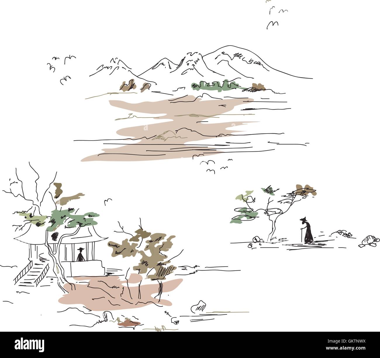 Mountain landscape in Japanese style Stock Vector