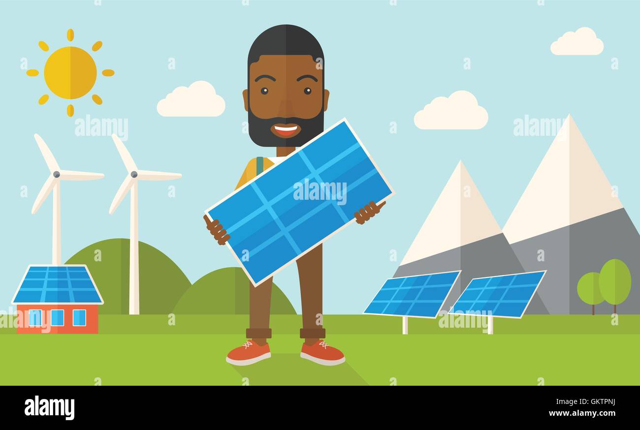 African man holding a solar panel. Stock Vector