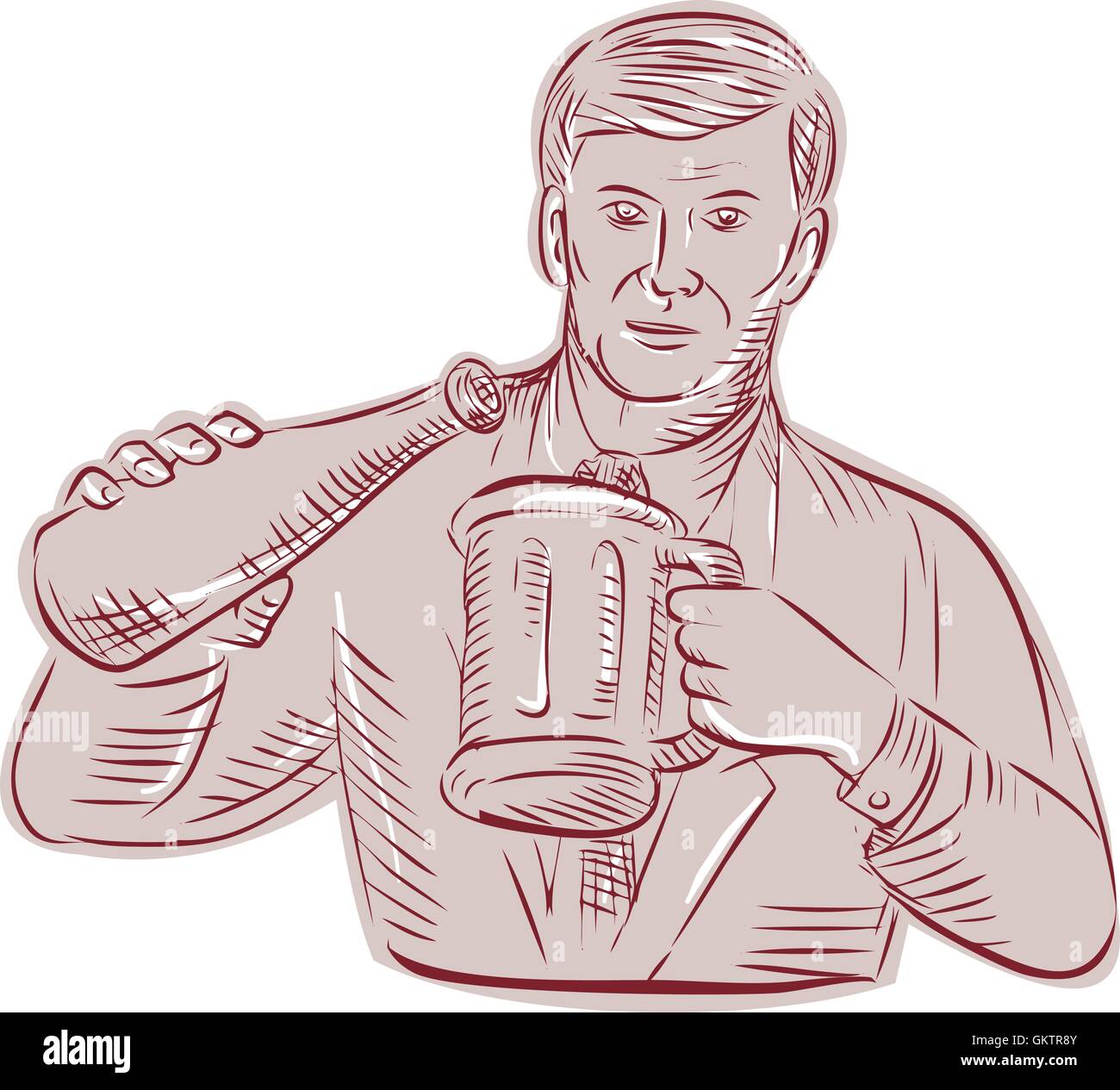 Man Pouring Beer Mug Etching Stock Vector