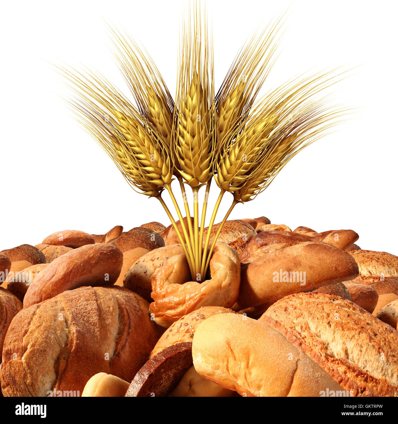 Wheat and bread with a variety of fresh baked goods with natural grains and oats as a food and agricultural symbol with 3D illustration elements isolated on a white background. Stock Photo