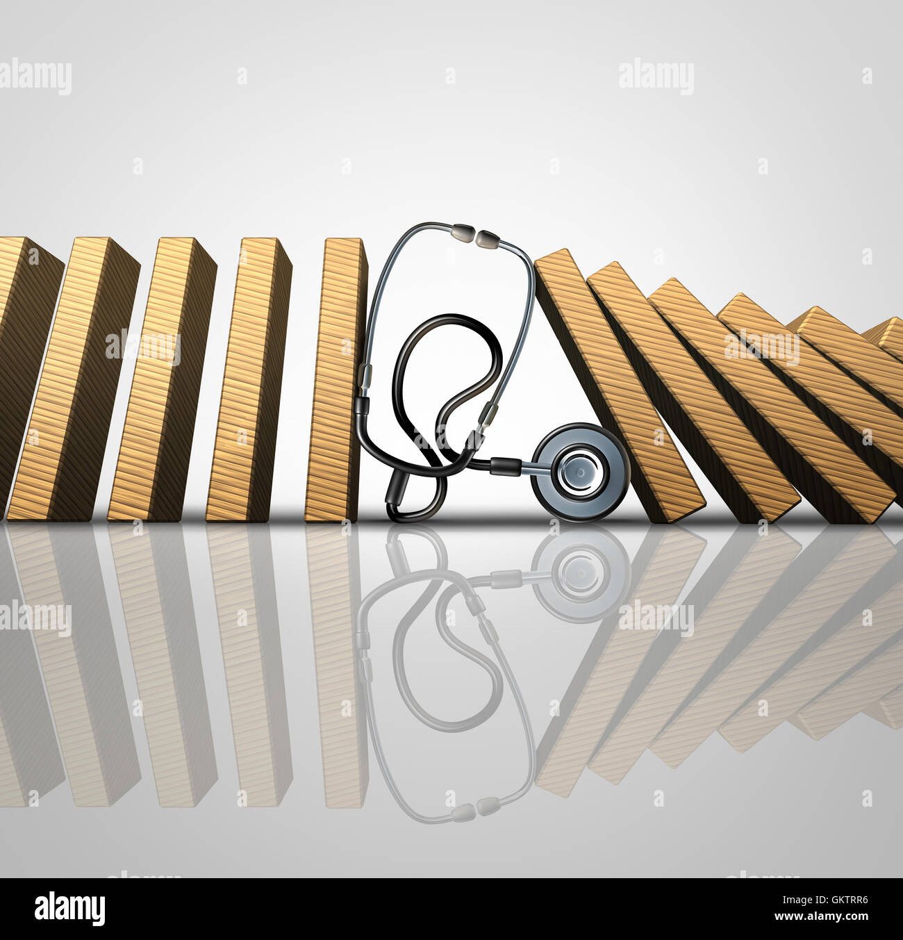 Medical treatment symbol as a hospital doctor stethoscope stopping domino pieces from falling further as a metaphor for treating a patient with proper diagnosis of symptoms as a 3D illustration. Stock Photo
