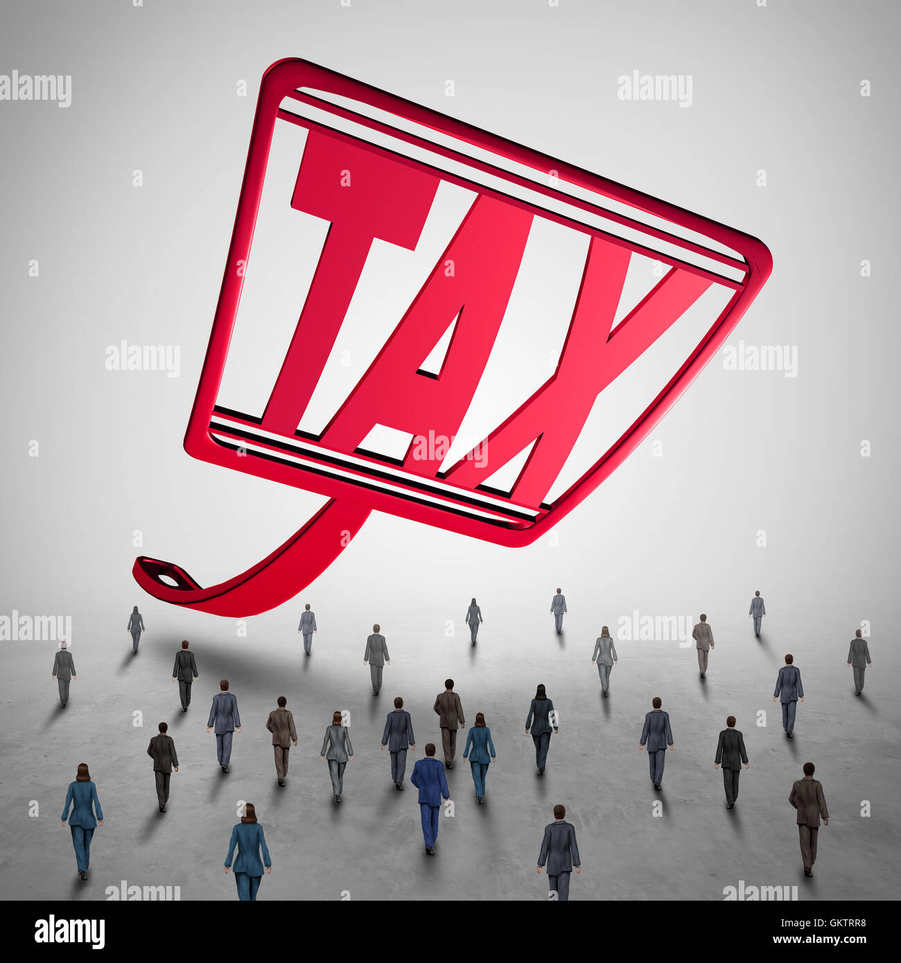 High tax challenge and business taxes concept as a fly swatter with text challenging a group of people as a financial accounting symbol for taxation law issues and debt danger with 3D illustration elements. Stock Photo