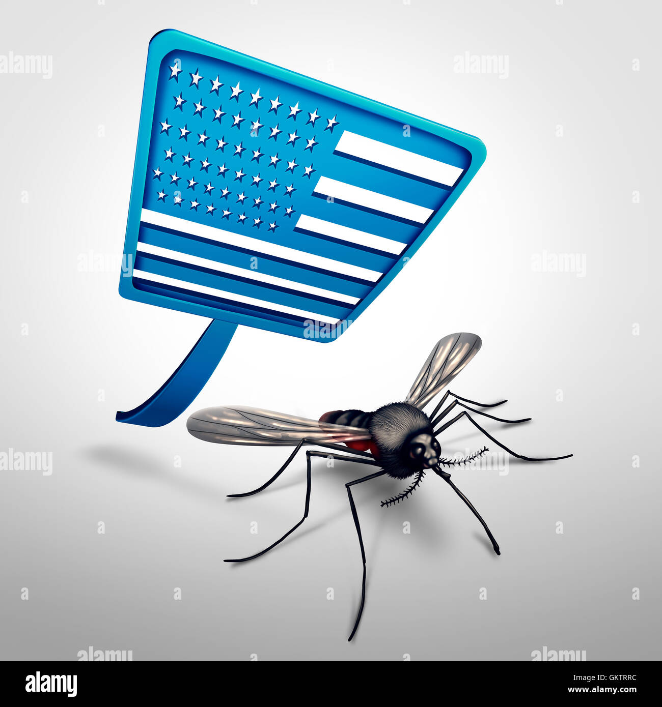 Zika in the United States concept as a mosquito being swatted by a fly swatter as a dangerous virus medical health crisis and public health concern or pest control with 3D illustration elements. Stock Photo