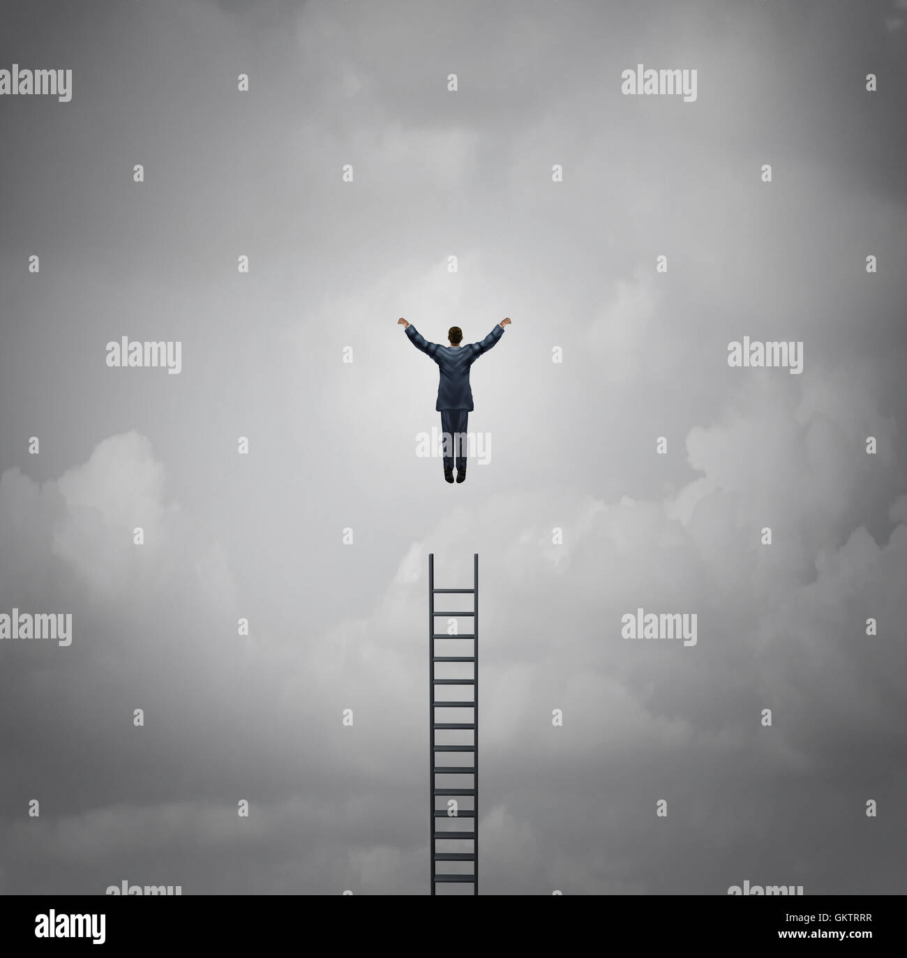 Business success motivation concept as a businessman levitating above a ladder as a leadership and growth metaphor with 3d illustration elements. Stock Photo