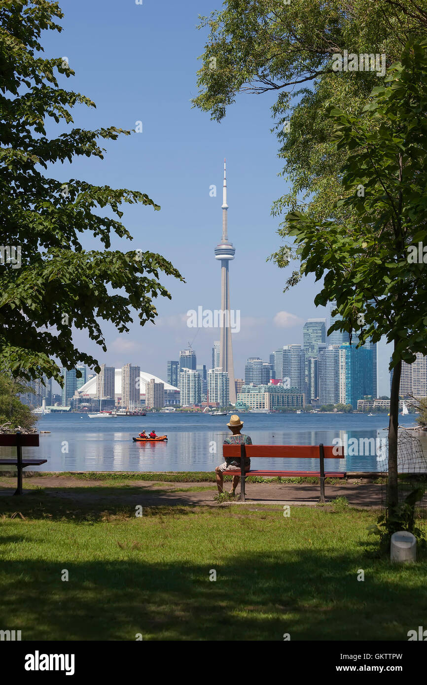 Centre Island and Ward Island on Lake Ontario and CN Tower  in Toronto, Ontario,Canada Stock Photo