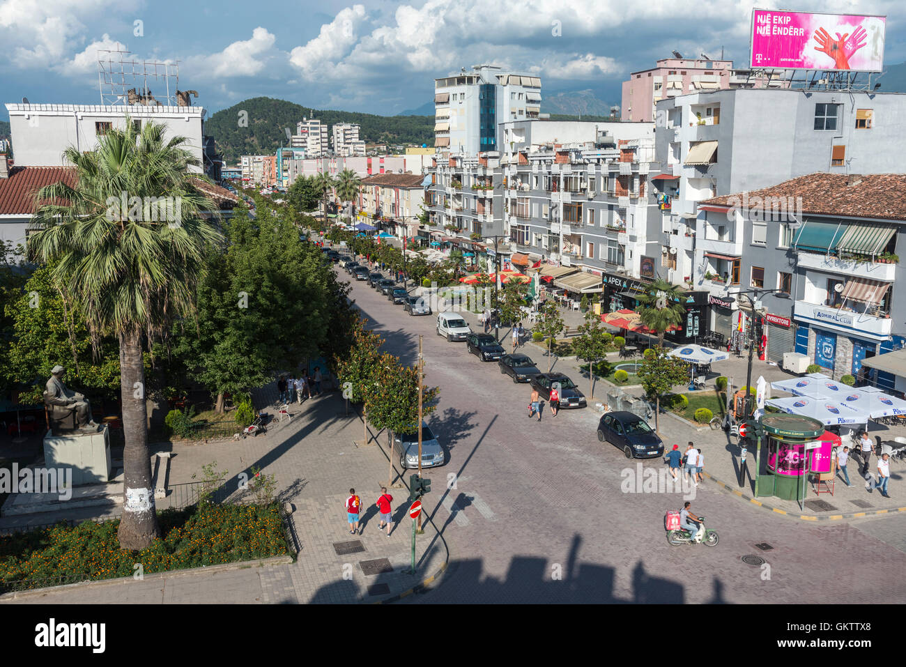 Looking down on the Boulevard Qemal Stafa in the centre of Elbasan,  Central Albania, Stock Photo