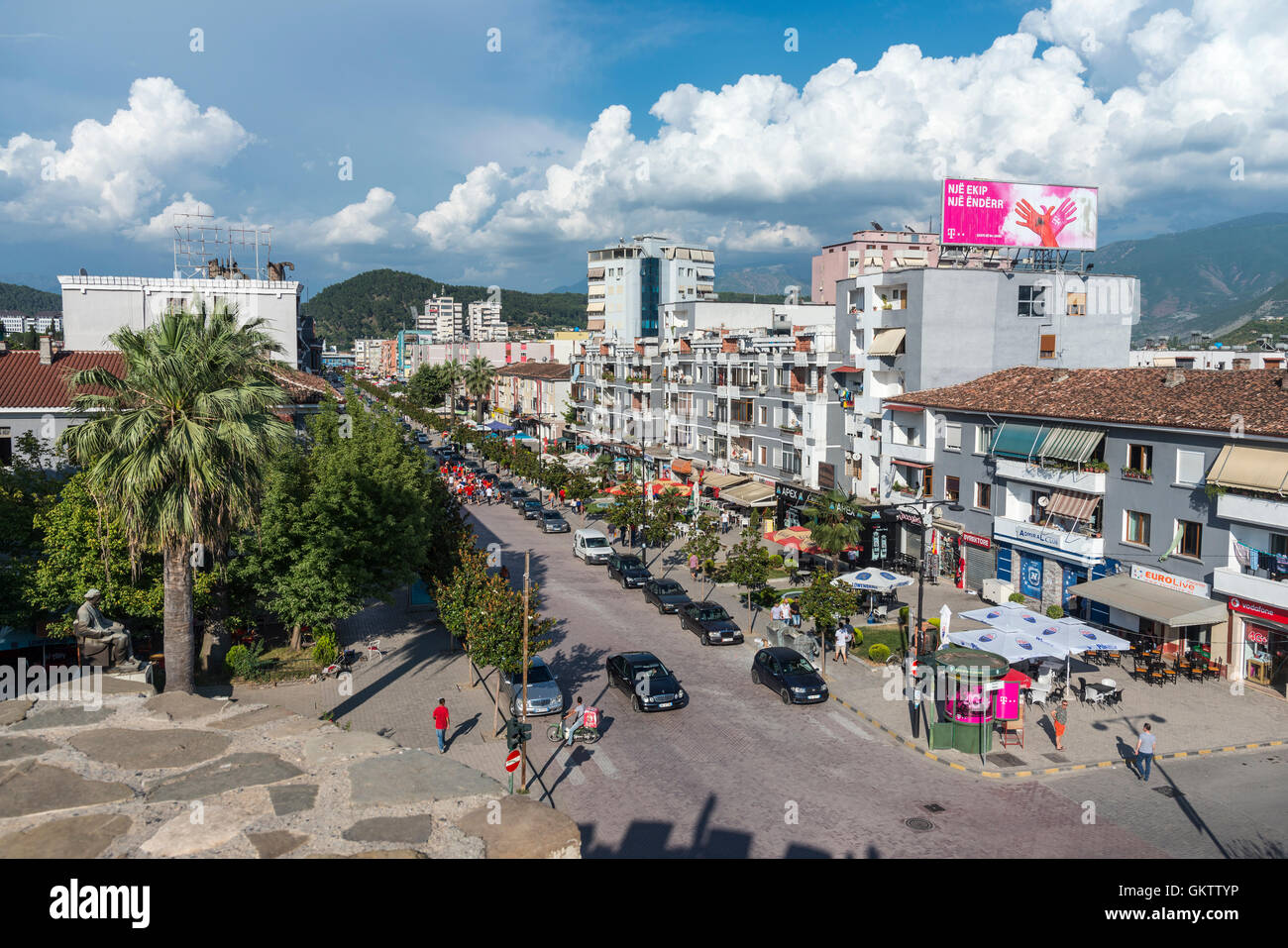 Looking down on the Boulevard Qemal Stafa in the centre of Elbasan,  Central Albania, Stock Photo