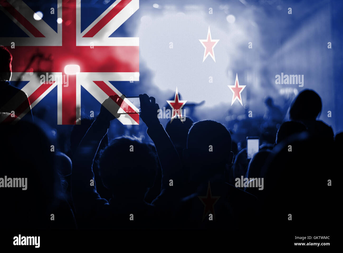 live music concert with blending New Zeland flag on fans Stock Photo