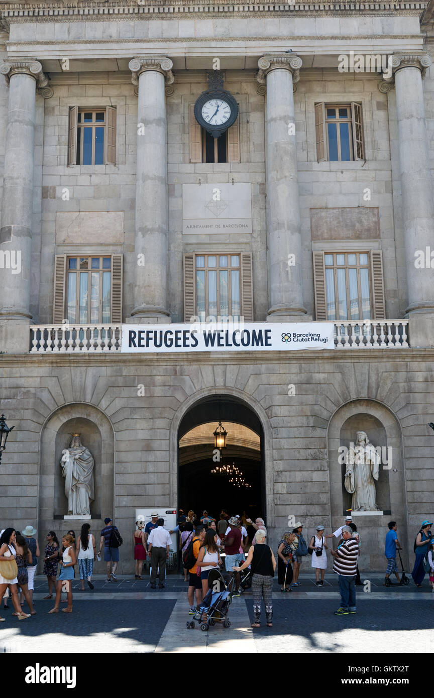Refugees banner at the entrance to City Town Hall, Barcelona