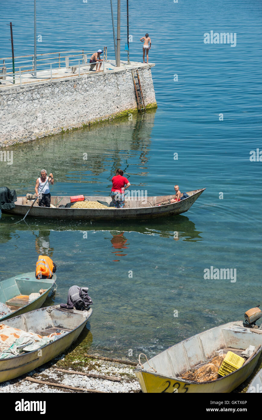 Fishing boats at the village of Zogaj on the shore of Lake Shkodra, Shkodra, Northern Albania. Stock Photo