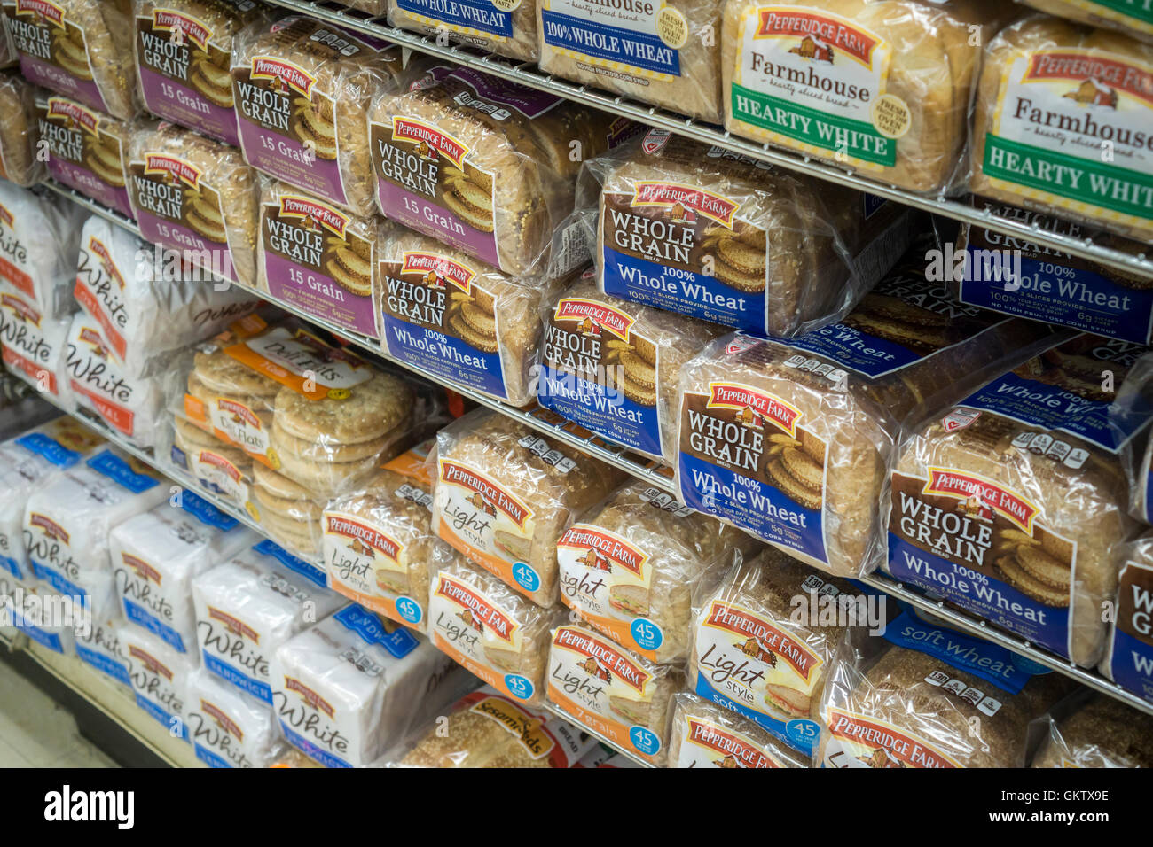 Loaves of different varieties of Pepperidge Farm breads are seen on a supermarket shelf in New York on Saturday, August 13, 2016. (© Richard B. Levine) Stock Photo