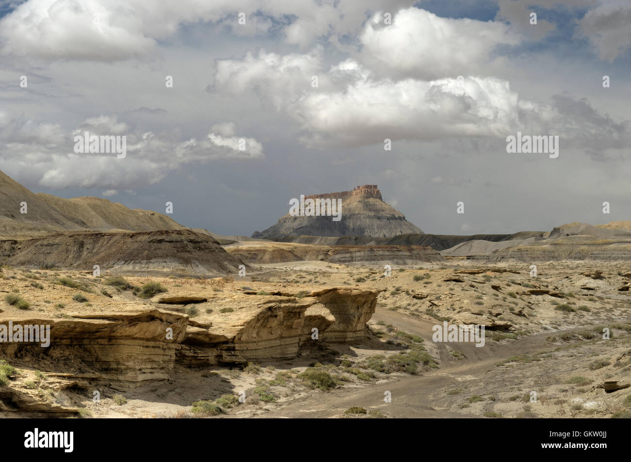 Factory Butte, as seen from an unnamed wash near Utah SR 24 Stock Photo