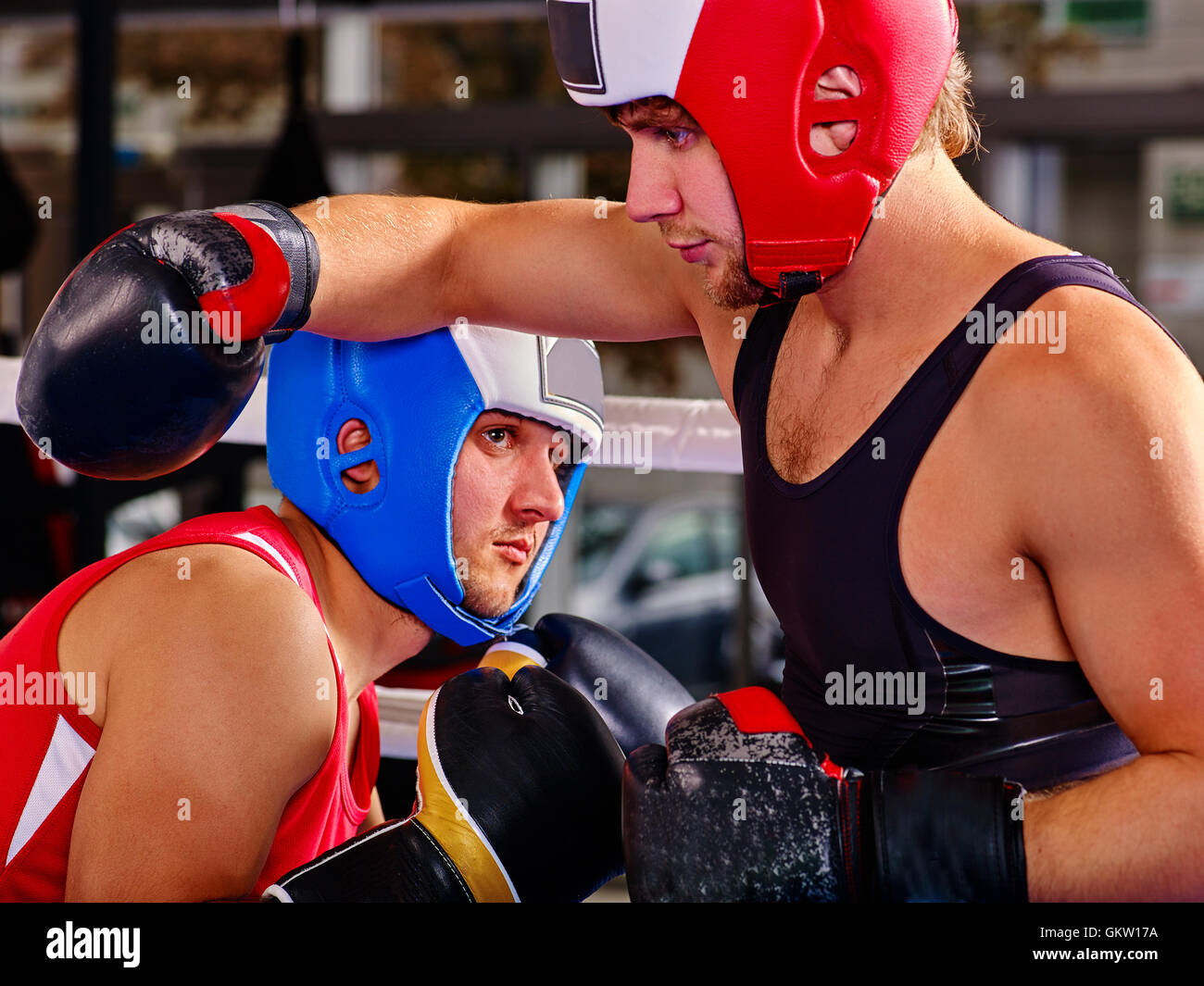 Two men boxer wearing helmet boxing Stock Photo Alamy